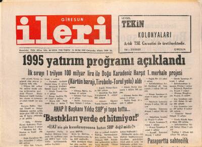 Giresun İleri Gazetesi 11 Ocak 1995 - 1995 Yatırım Programı Açıklandı GZ79687 - 1
