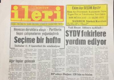Giresun İleri Gazetesi 12 Ekim 1991 RP Adayı Doğan120 Bin Oy Bizim GZ30929 - 1