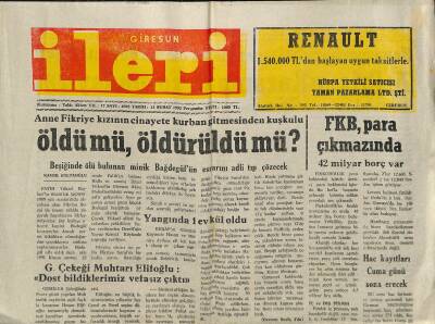 Giresun İleri Gazetesi 13 Şubat 1992 - FKB , Para Çıkmazında - TSO Raporuna Göre Giresunun Yarıdan Fazlası İşsiz GZ123008 - 1