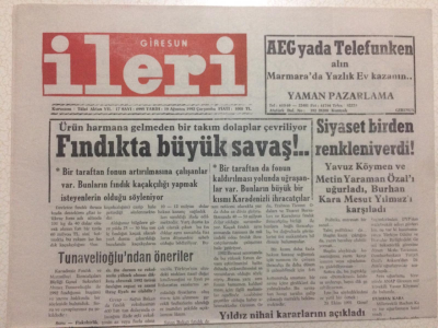 Giresun İleri Gazetesi 19 Ağustos 1992 - Fındıkta Büyük Savaş GZ24114 - 1
