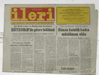 Giresun İleri Gazetesi 19 Temmuz 1990 - KÖYKOBİR de Görev Bölümü GZ7333 - 1