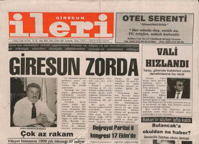 Giresun İleri Gazetesi 2 Ekim 1999 - Vilayet Binasının 1999 Yılı Ödeneği 57 Milyar GZ84785 - 1