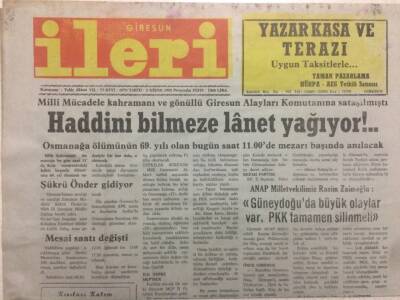 Giresun İleri Gazetesi 2 Nisan 1992 - Haddini Bilmeze Lanet Yağıyor GZ38470 - 1