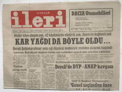Giresun İleri Gazetesi 2 Şubat 1993 - Derelide DYP - ANAP Kavgası GZ3673 - 1
