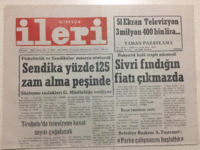Giresun İleri Gazetesi 20 Ağustos 1992 - Sivri Fındığın Fiyatı Çıkmazda GZ24113 - 1
