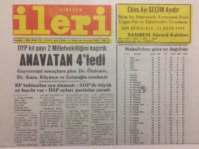 Giresun İleri Gazetesi 21 Ekim 1991 - Anavatan 4ledi GZ32588 - 1