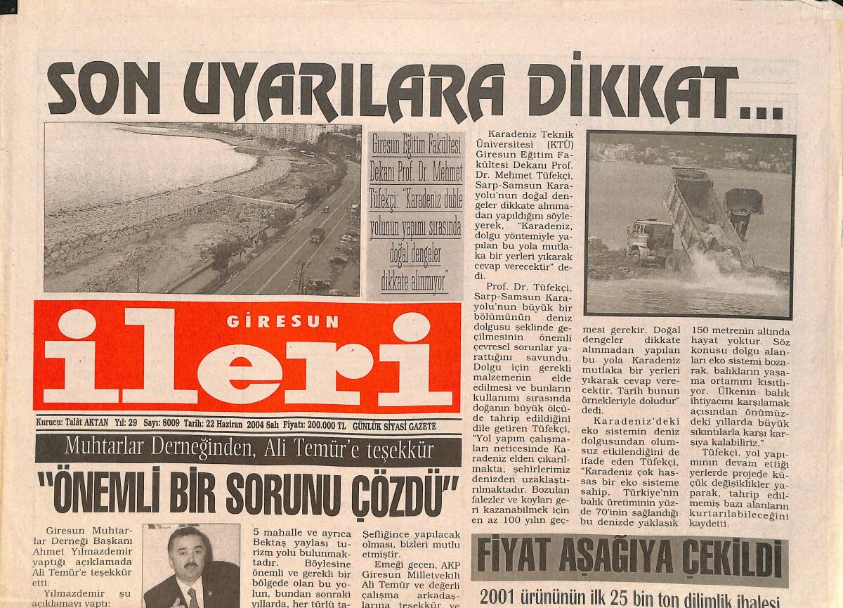 Giresun İleri Gazetesi 22 Haziran 2004 - Muhtarlar Derneğinden Ali Temür'e Teşekkür 