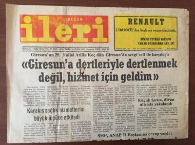 Giresun İleri Gazetesi 22 Şubat 1992 -Giresun un 29.Valisi Atilla Koç Giresun da Sevgi Seli İle Karşılandı GZ10213 - 1