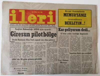 Giresun İleri Gazetesi - 23 Ocak 1992 - Sağlık Bakanlığı AIDS İçin Uyardı Giresun Pilot Bölge - GZ43870 - 2