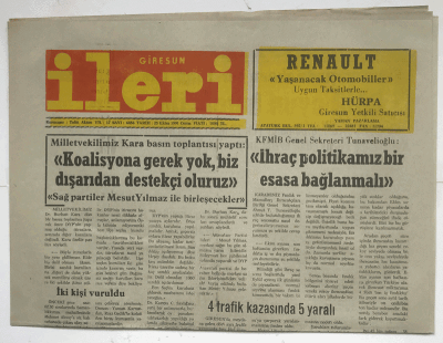 Giresun İleri Gazetesi 25 Ekim 1991 - Koalisyona Gerek Yok Biz Dışarıdan Destekçi Oluruz GZ3731 - 1