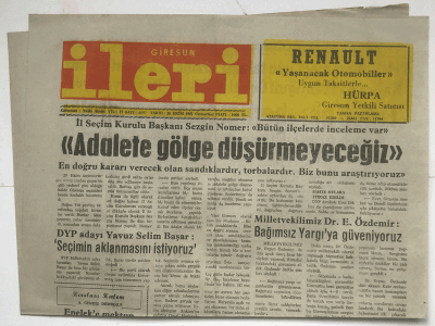 Giresun İleri Gazetesi 26 Ekim 1991 - Adalete Gölge Düşürmeyeceğiz GZ3730 - 1