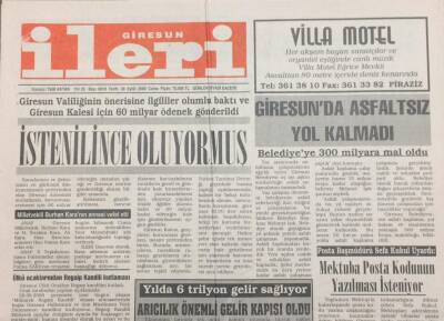 Giresun İleri Gazetesi 29 Eylül 2000 Giresun Kalesi İçin 60 Milyar Ödenek Gönderildi GZ30930 - 1