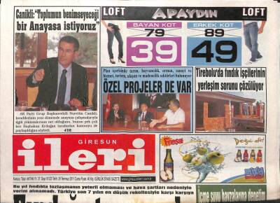 Giresun İleri Gazetesi 29 Temmuz 2011 - Canikli Toplumun Benimseyeceği Bir Anayasa İstiyoruz GZ108166 - 1