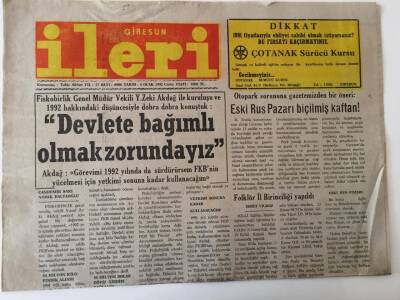 Giresun İleri Gazetesi - 3 Ocak 1992 - Devlete Bağımlı Olmak Zorundayız GZ43839 - 2