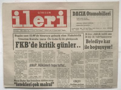 Giresun İleri Gazetesi 3 Şubat 1993 - Belediye Kar İle Boğuşuyor GZ3674 - 1