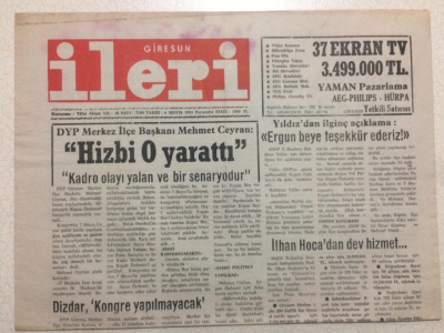 Giresun İleri Gazetesi 6 Mayıs 1993 - DYP Merkez İlçe Başkanı Mehmet Ceyran Hizbi O Yarattı GZ24111 - 1