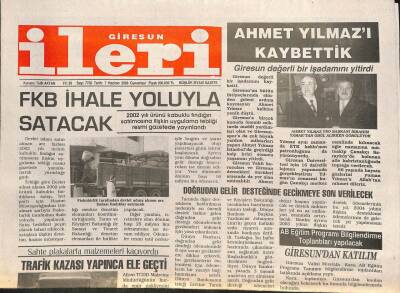 Giresun İleri Gazetesi 7 Haziran 2003 - FKB İhale Yoluyla Satacak GZ101678 - 2