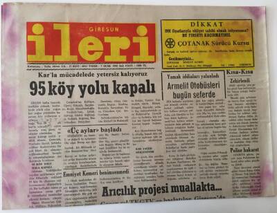 Giresun İleri Gazetesi - 7 Ocak 1992 - 95 Köy Yolu Kapalı , Karla Mücadele Yetersiz - GZ43844 - 1