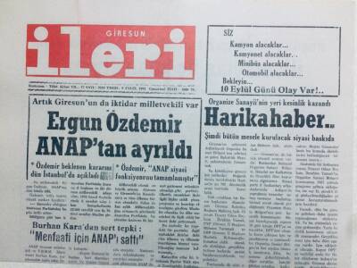 Giresun İleri Gazetesi 8 Eylül 1992 - Ergun Özdemir Anaptan Ayrıldı GZ41462 - 1
