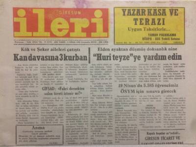 Giresun İleri Gazetesi 8 Nisan 1992 - Kan Davasına 3 Kurban GZ38471 - 1