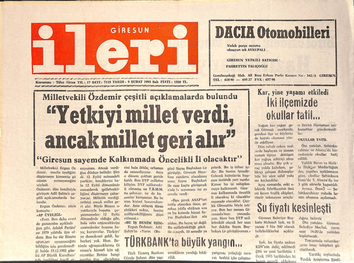 Giresun İleri Gazetesi 9 Şubat 1993 - Bulancak Genç Takımı Mutlu Sona Yaklaşıyor - Türkbank'ta Büyük Yangın GZ3368 - 1
