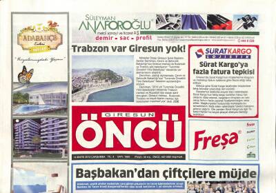 Giresun Öncü Gazetesi 14 Mayıs 2014 - Başbakandan Çiftçilere Müjde Krediler Ertelendi GZ95005 - 1
