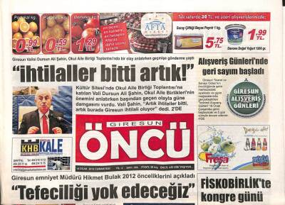 Giresun Öncü Gazetesi 14 Ocak 2012 - Özel İdareden Giresuna Konservatuar - Orman Bölgeden 2,5 Milyonluk Kar GZ95432 - 1