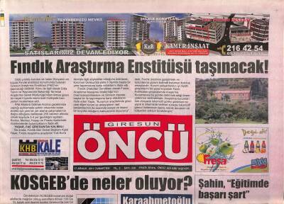 Giresun Öncü Gazetesi 17 Aralık 2011 - KOSGEBde Neler Oluyor ? - Fındık Araştırma Enstitüsü Taşınacak ! GZ94288 - 1