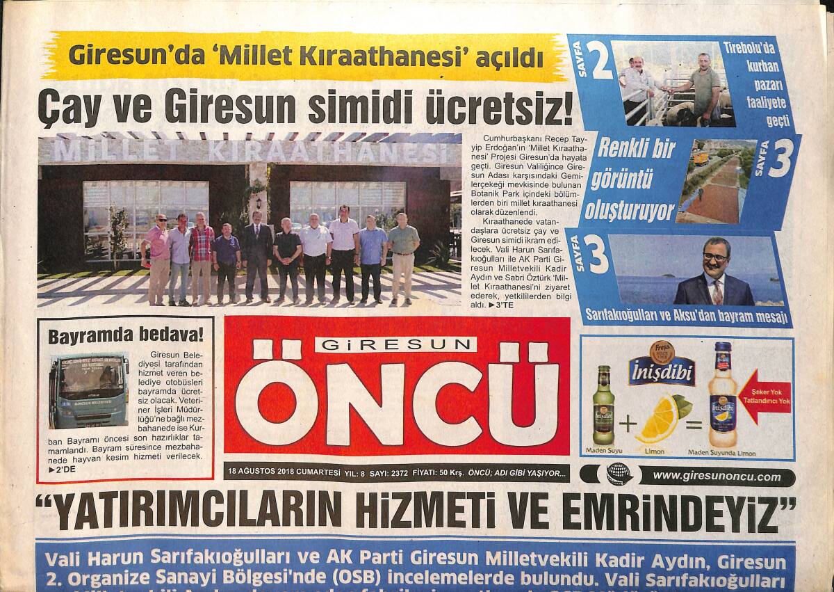 Giresun Öncü Gazetesi 18 Ağustos 2018 - Giresun'da Millet Kıraathanesi Açıldı 