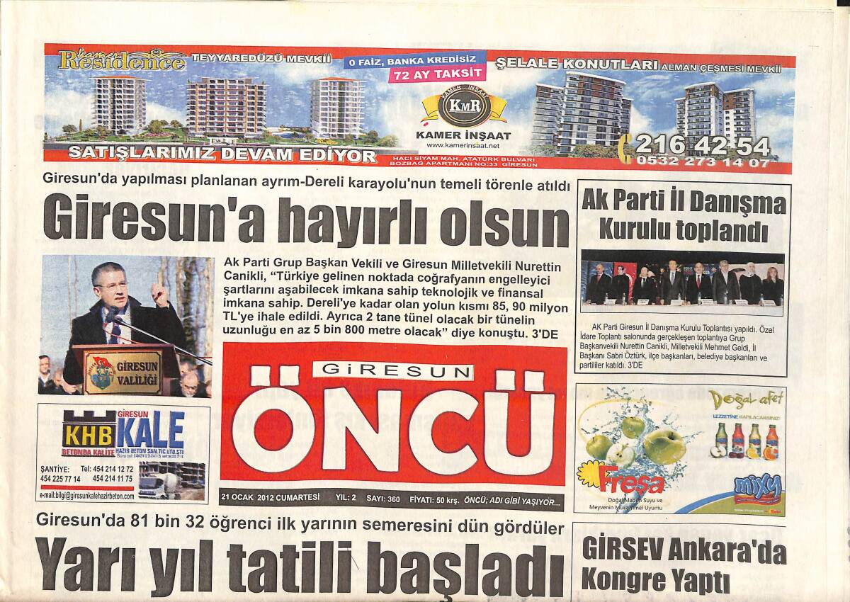 Giresun Öncü Gazetesi 21 Ocak 2012 - Giresun'a Hayırlı Olsun! - Çoruh Güncelleme Projesi Hayata Geçiyor GZ137808 - 1