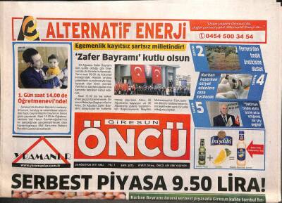 Giresun Öncü Gazetesi 29 Ağustos 2017 - Müdür Aktaşa Hayırlı Olsun Ziyareti - Fındıkta Serbest Piyasa 9.50 Lira ! GZ96088 - 1