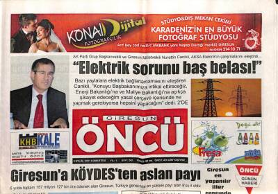 Giresun Öncü Gazetesi 3 Eylül 2011 - Canikli Aksa Elektrik Çalışmasını Eleştirdi Elektrik Sorunu Baş Belası GZ108373 - 1