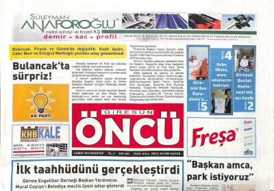 Giresun Öncü Gazetesi 3 Şubat 2014 - Murat Ceylan İlk Taahhüdünü Gerçekleştirdi GZ95008 - 1