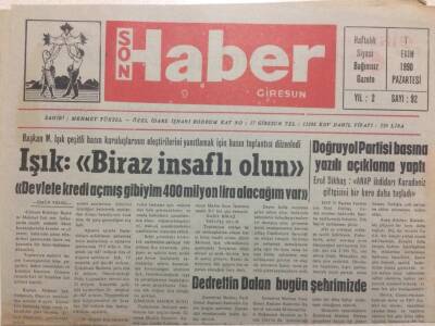 Giresun Son Haber Gazetesi 1 Ekim 1990 - Bedrettin Dalan Bugün Şehrimizde GZ38404 - 1