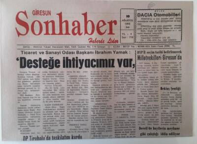 Giresun Son Haber Gazetesi 10 Ağustos 1993 - DYP İl Seçimleri Belirlenecek Milletvekilleri Giresunda GZ18281 - 1