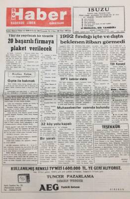 Giresun Son Haber Gazetesi 10 Aralık 1992 1992 Fındığı Beklenen İtibarı Görmedi GZ14182 - 1