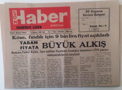 Giresun Son Haber Gazetesi 11 Ağustos 1992 - Fındık Taban Fiyatı 9 Bin Lira Büyük Alkış GZ18178 - 1