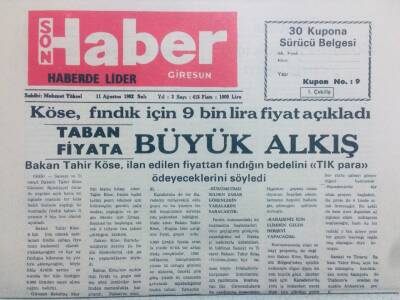 Giresun Son Haber Gazetesi 11 Ağustos 1992 - Köse Fındık İçin 9 Bin Lira Fiyat Açıkladı GZ40850 - 1