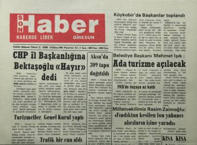 Giresun Son Haber Gazetesi 12 Ekim 1992-Belediye Başkanı Mehmet Işık Ada Turizme Açılacak - GZ14082 - 1