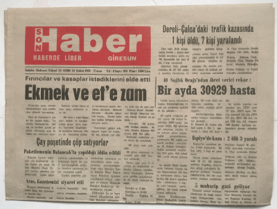 Giresun Son Haber Gazetesi 12 Şubat 1993 - Ekmek ve Ete Zam GZ3758 - 1