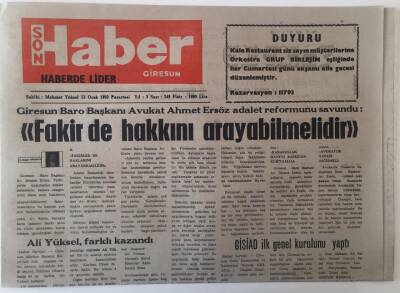 Giresun Son Haber Gazetesi 13 Ocak 1992 - Giresun Baro Başkanı Avukat Ahmet Ersöz Adalet Reformunu Savundu Fakir de Hakkını Arayabilmelidir GZ18275 - 1