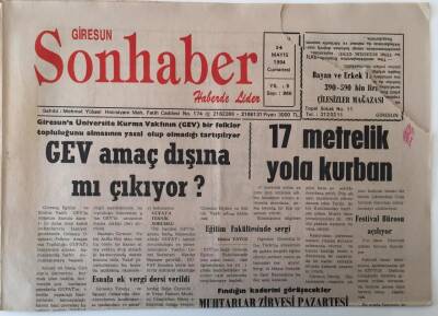 Giresun Son Haber Gazetesi 14 Mayıs 1994 - Fındığın Kaderini Görüşecekler Muhtarlar Zirvesi Pazartesi GZ18333 - 1