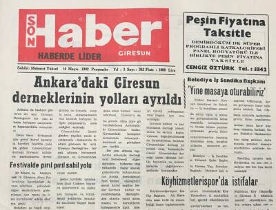 Giresun Son Haber Gazetesi 14 Mayıs1992 -Ankaradaki Giresun Derneklerinin Yolları Ayrıldı GZ36710 - 1