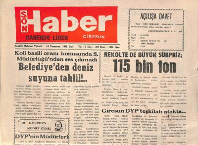 Giresun Son Haber Gazetesi 14 Temmuz 1992 - Demokratik Sol Partinin Yeni Yöneticileri Belirlendi GZ109459 - 1