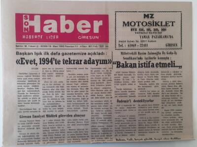 Giresun Son Haber Gazetesi 15 Mart 1993 - Başkan Işık İlk Defa Gazeteye Açıklama Yaptı 1994te Tekrar Belediye Başkan Adayıyım GZ18252 - 1
