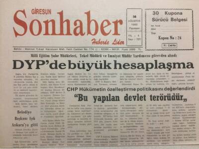 Giresun Son Haber Gazetesi 16 Ağustos 1993 - DYPde Büyük Hesaplaşma GZ35491 - 1