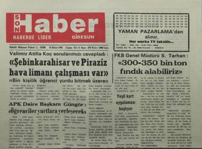 Giresun Son Haber Gazetesi 16 Ekim 1992-Şebinkarahisar Ve Piraziz Hava Limanı Çalışması Var- GZ14078 - 1