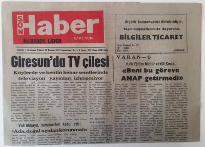 Giresun Son Haber Gazetesi 16 Kasım 1991 - Giresunda TV Çilesi , Vali Akkaya Ada Doğal Açıdan Korunmalı GZ18243 - 1