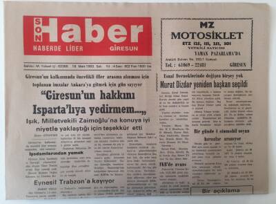 Giresun Son Haber Gazetesi 16 Mart 1993 - Giresunun Kalkınmada Öncellikli İller Arasına Alınması İçin Toplanan İmzalar Ankaraya Girmek İçin Gün Sayıyor GZ18251 - 1