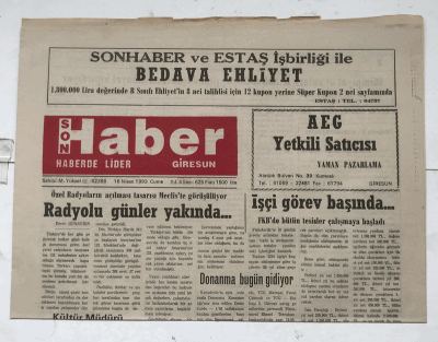 Giresun Son Haber Gazetesi 16 Nisan 1993 - Radyolu Günler Yakında GZ7346 - 1